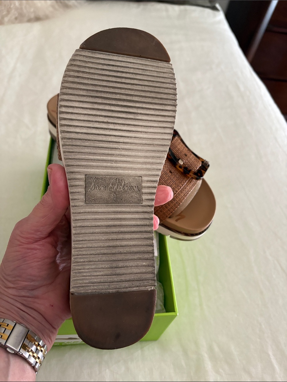 Sam Edelman Brown Raffia Slide Sandals with Tortoiseshell Buckle - Picture 3 of 3